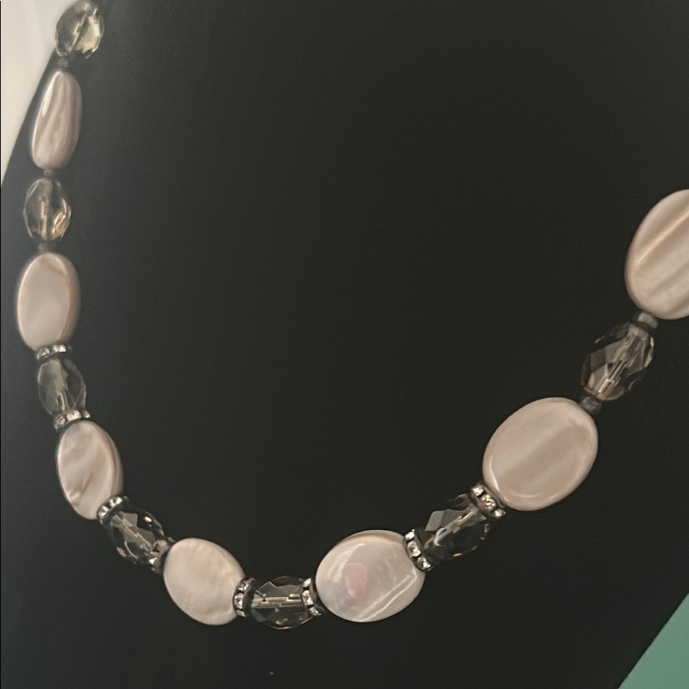 Striking Mother of Pearl Smoky Quartz Colored and Crystal Bead Necklace - Picture 2 of 7